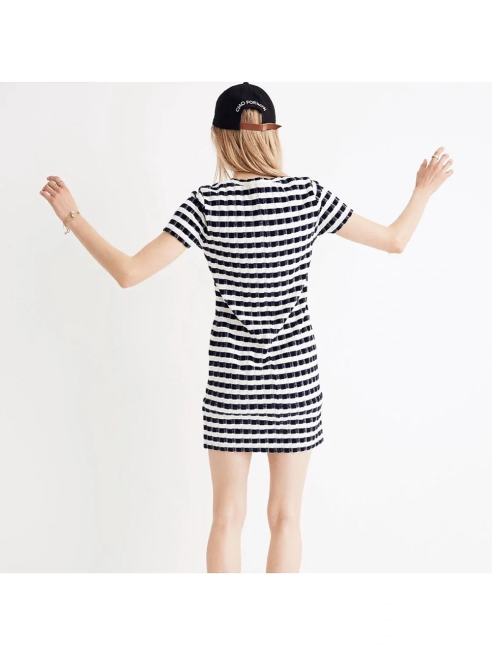 Madewell Texture & Thread Velvet Striped Tee Dress blue white Small